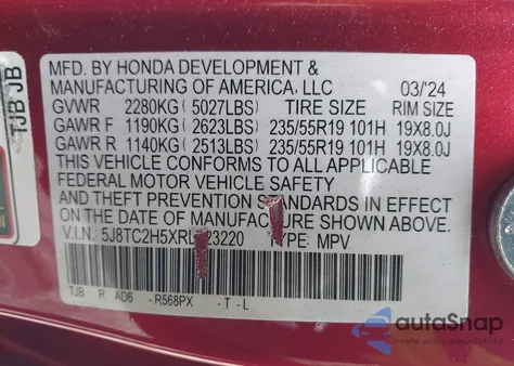 2024 Acura Rdx Technology Package from USA, damaged, VIN 5J8TC2H5XRL023220